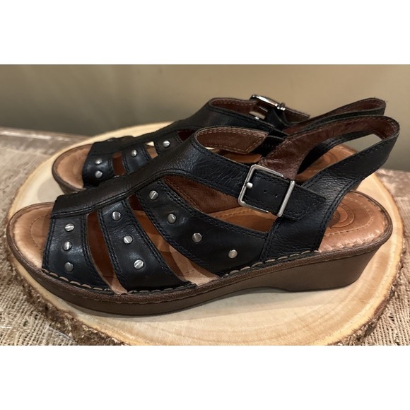 Nurture Black Leather Buckle Strappy Wedge Sandals with Silver Studs Sz. 8.5 - Picture 1 of 11